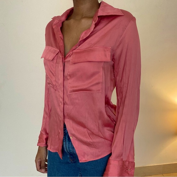 Mango Tops - Mango silk shirt in peachy pink with pockets, mango suit collection.